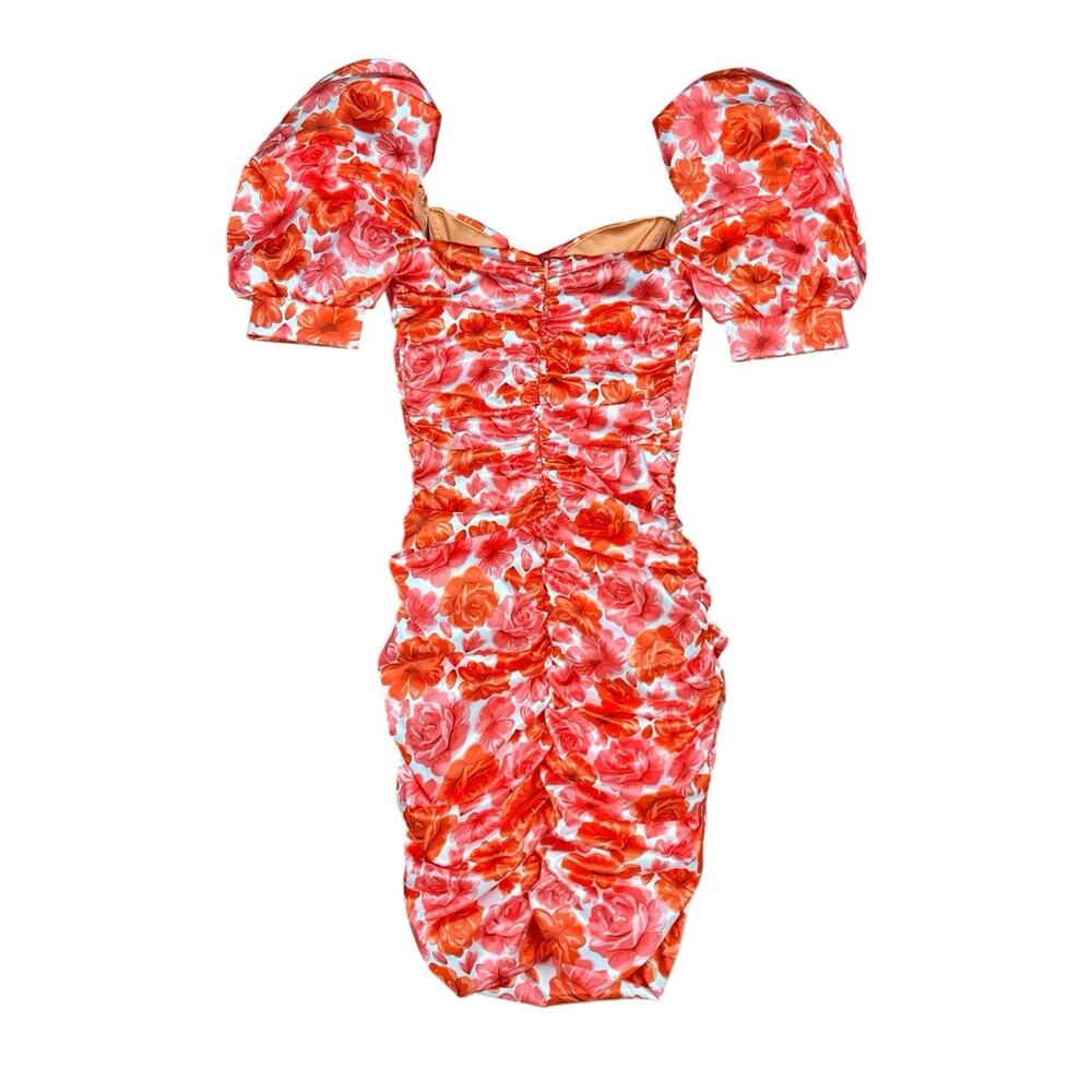 Oh Polly In Full Bloom Puff Sleeve Satin Mini Ruched Bodycon Dress Size 0 NWT - Picture 4 of 7